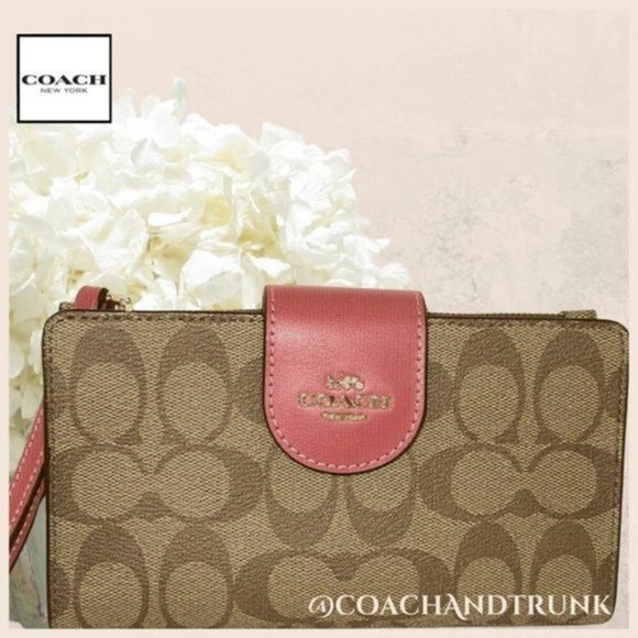 COACH Tech Phone Wallet Khaki and Strawberry Haze Wrist Strap NWT - Picture 1 of 9